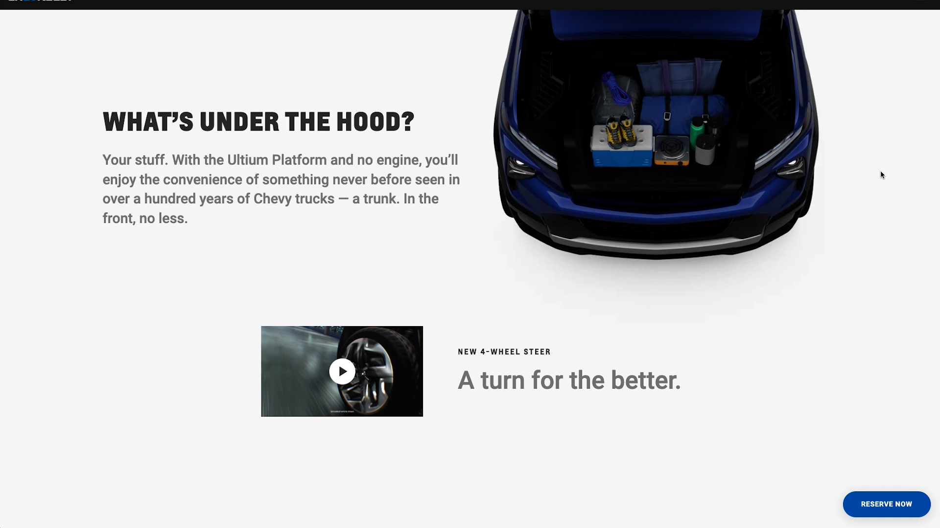 Silverado EV What's under the hood? page with frunk and 4-Wheel Steer video module
